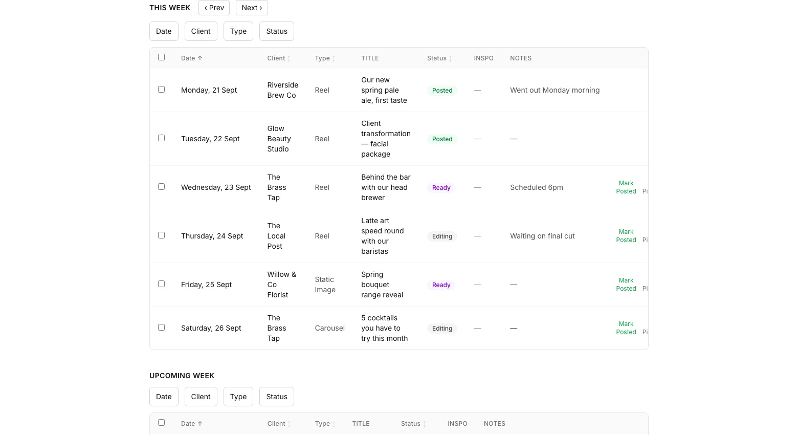Content calendar, this week and upcoming week with week navigation