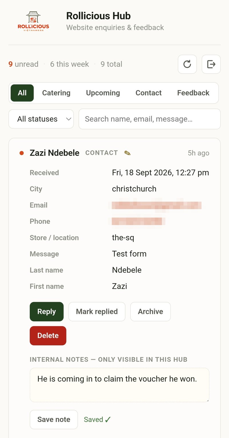 Rollicious Hub, an enquiry with reply button and internal notes